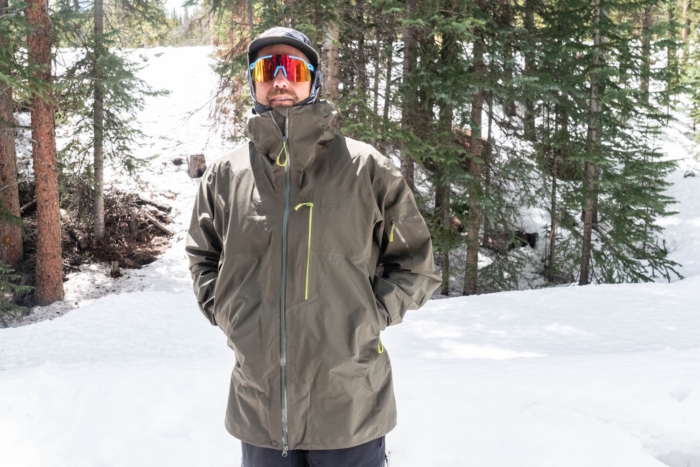 Man wearing a Rab Latok jacket in snowy forest