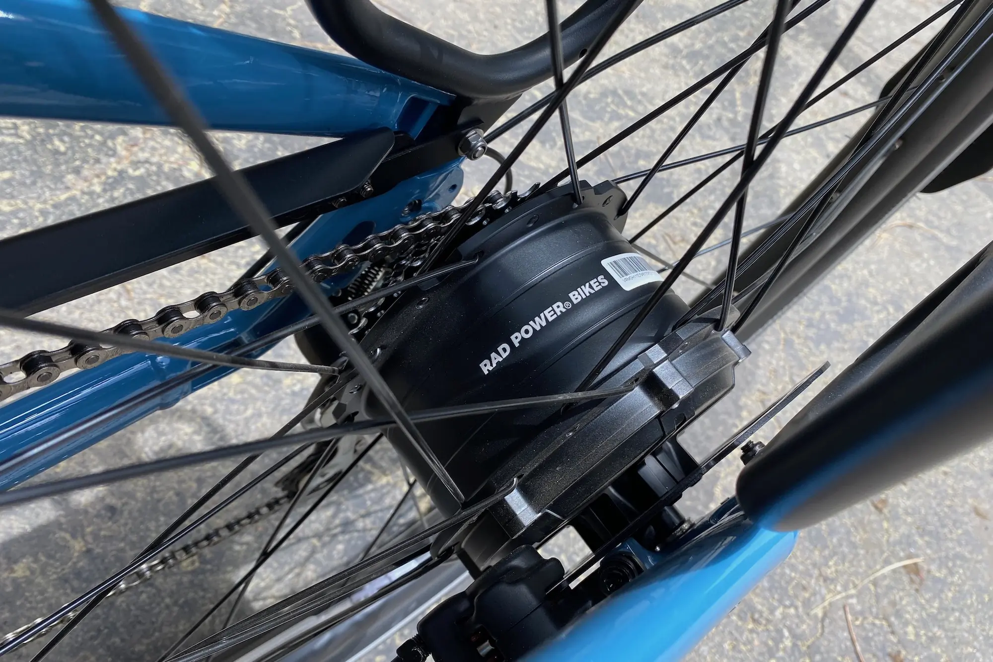 A look at the rear hub motor on the Rad Power Radster Road electric commuter bike