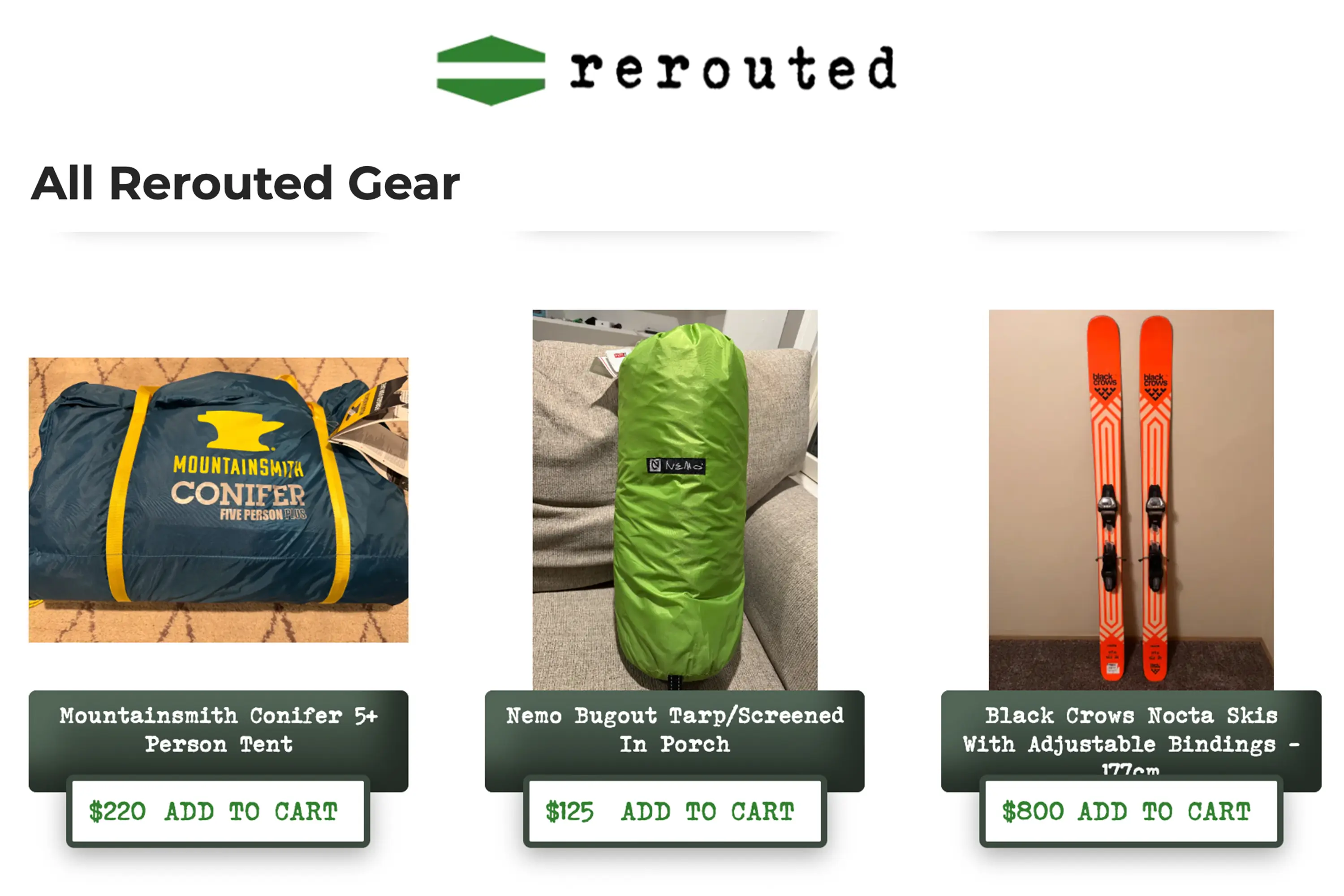 a screenshot of the rerouted website selling a used tent, bag, and black crows skis