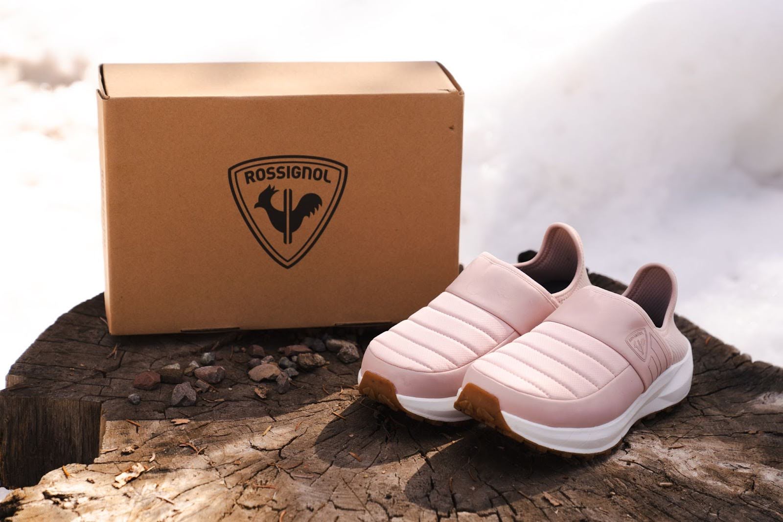 pink rossignol chalet shoes next to rossignol shoe box