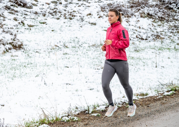 Woman running in defroster speed tights