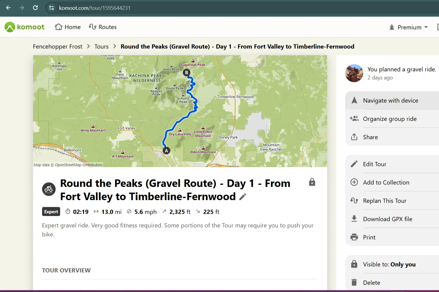 desktop screenshot of komoot cycling navigation app