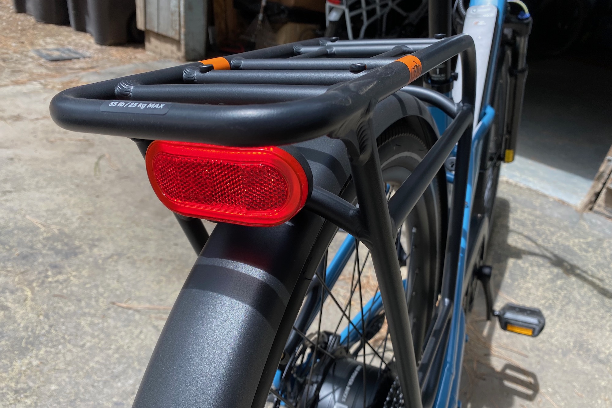 The rea light and the cargo rack on the Rad Power radster Road electric commuter bike