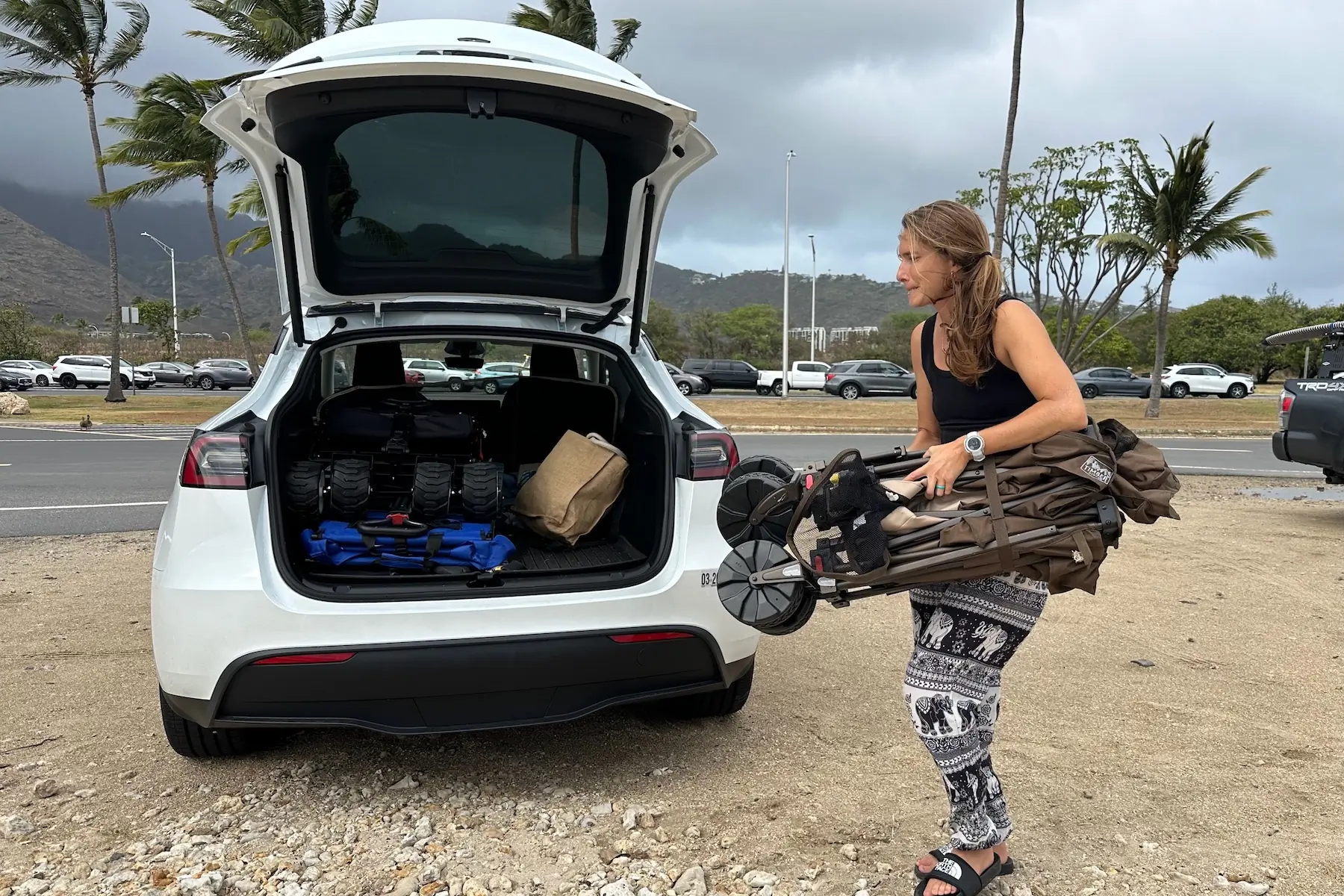The author lifting the Timber Ridge Double Decker Wagon to put it in the trunk of her vehicle