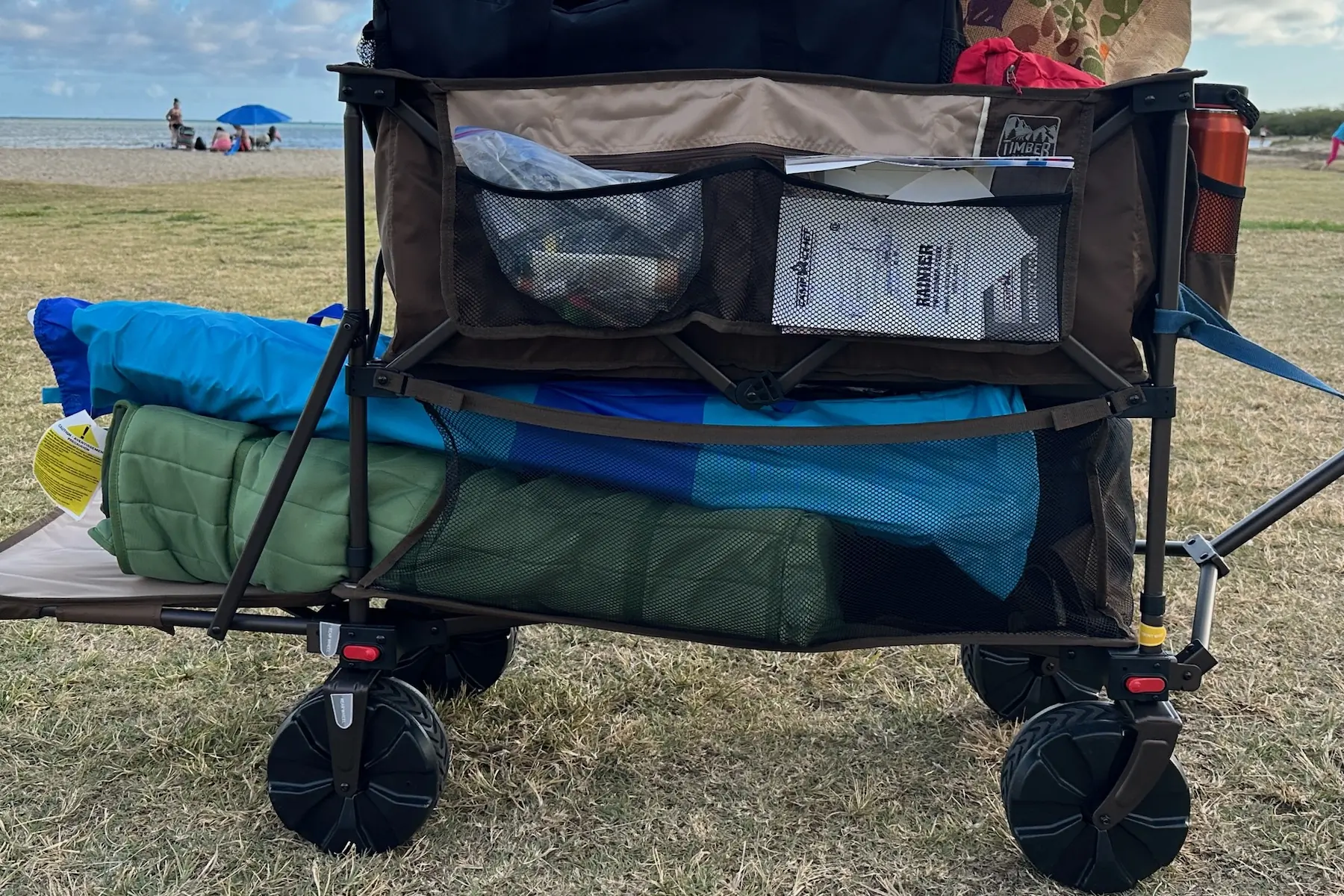 A look at some of the storage features on the Timber Ridge Double Decker Wagon when it's fully loaded for a day at the beach