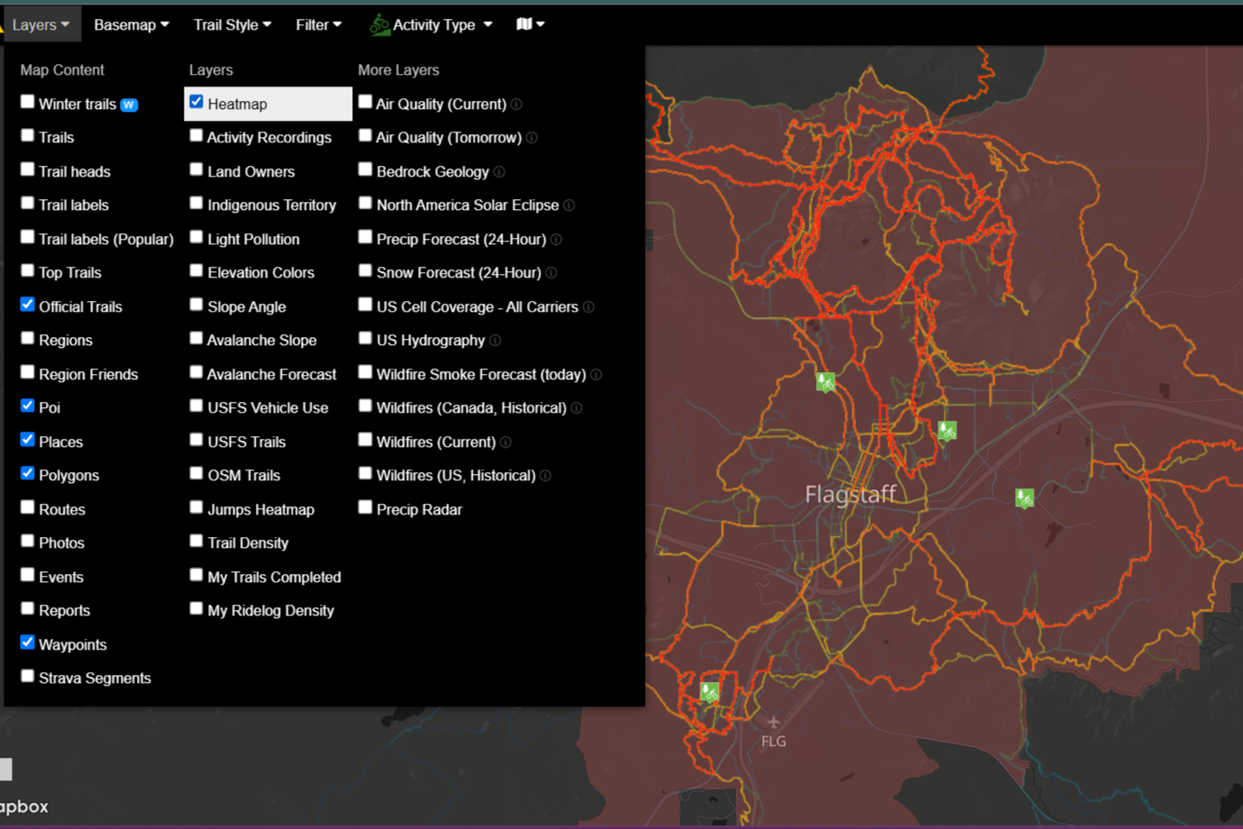 desktop screenshot of Trail Forks cycling navigation app Heat Map