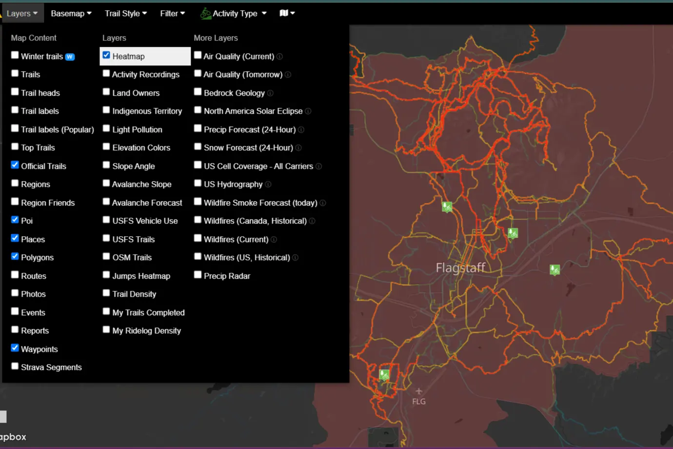 desktop screenshot of Trail Forks cycling navigation app Heat Map