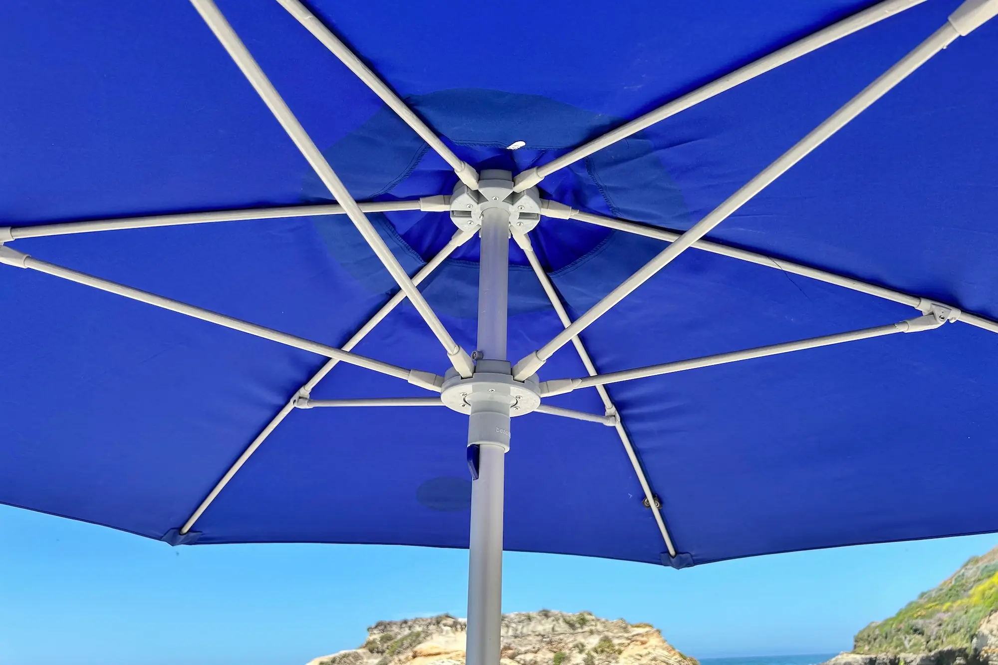 A look at the underside of the beachBUB caopy and the sturdy fiberglass ribs