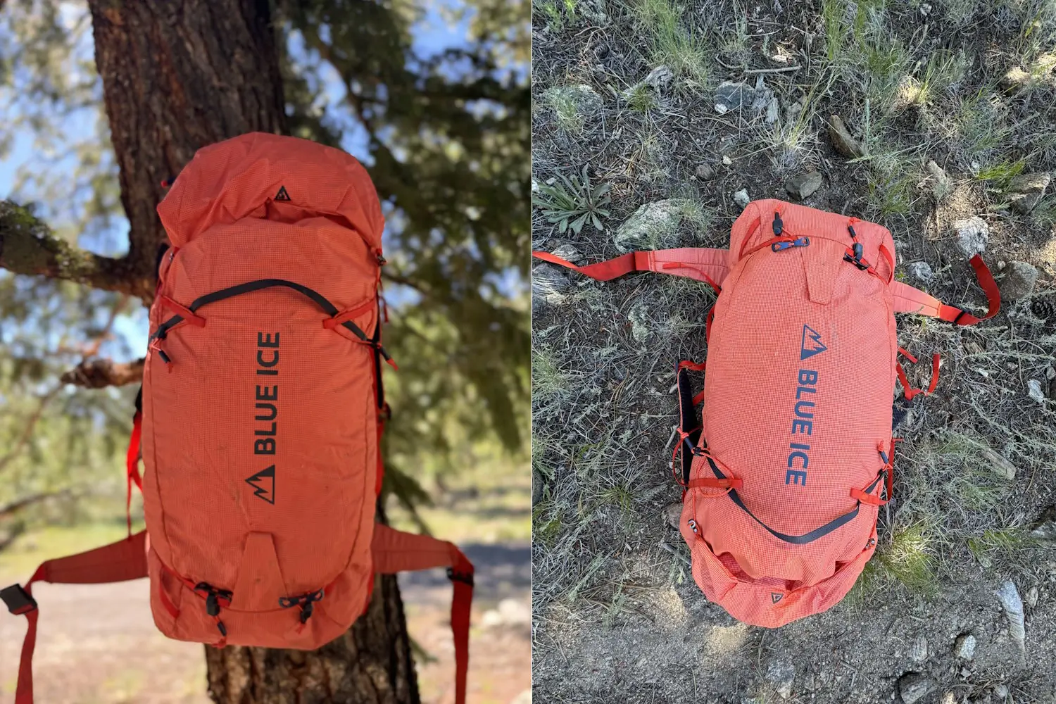 A Blue Ice backpack shown hanging on a tree, and laid on the ground with the shoulder straps visible