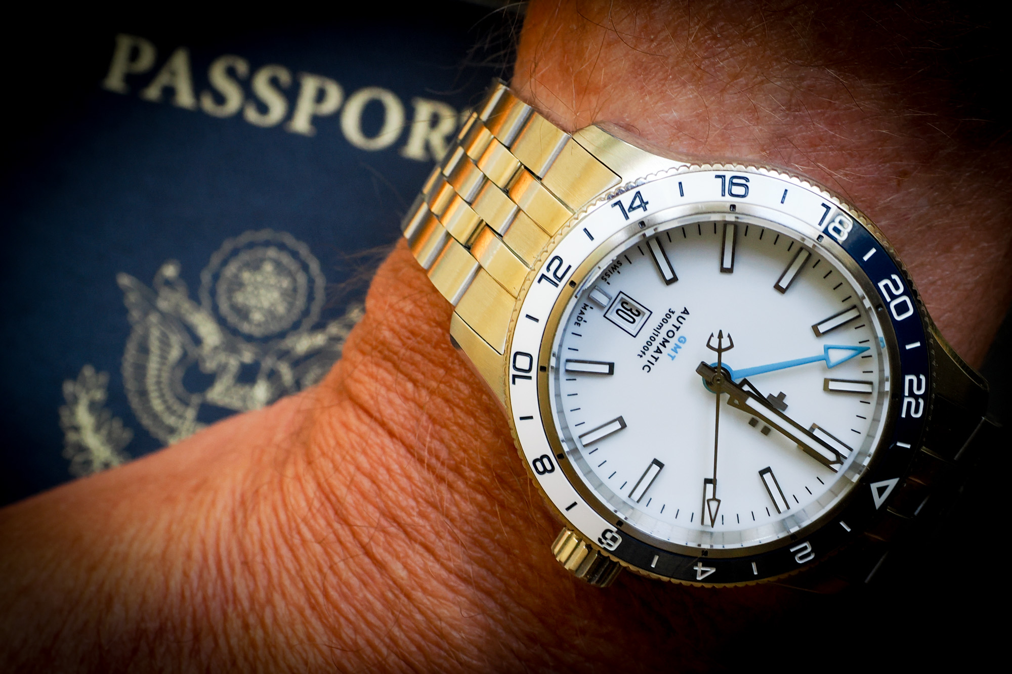 Christopher Ward Trident GMT watch and passport