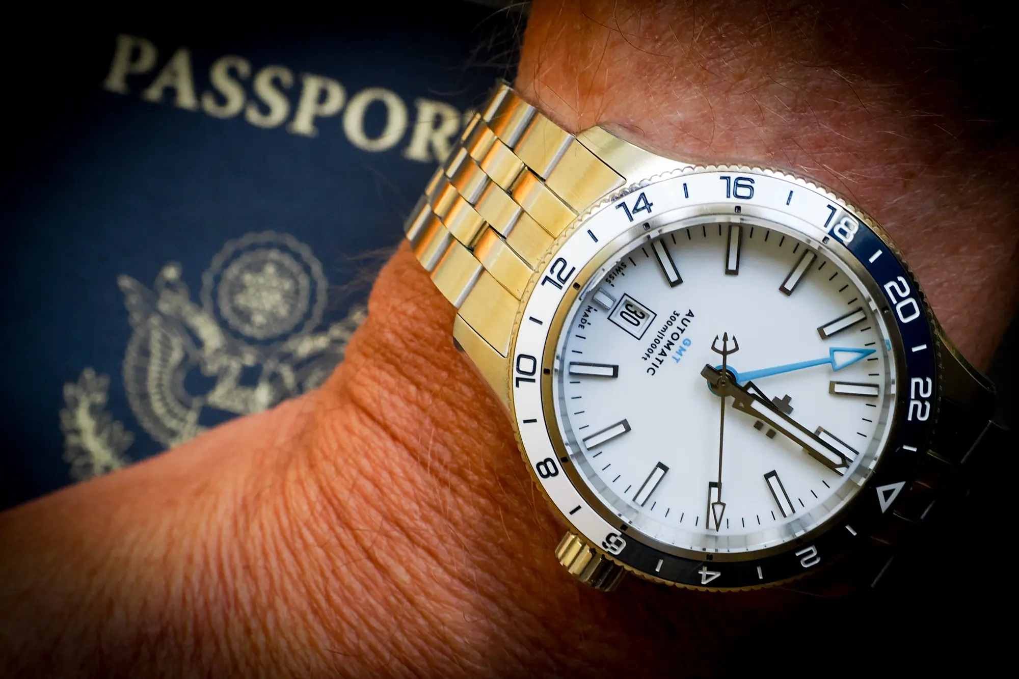 Christopher Ward Trident GMT watch and passport