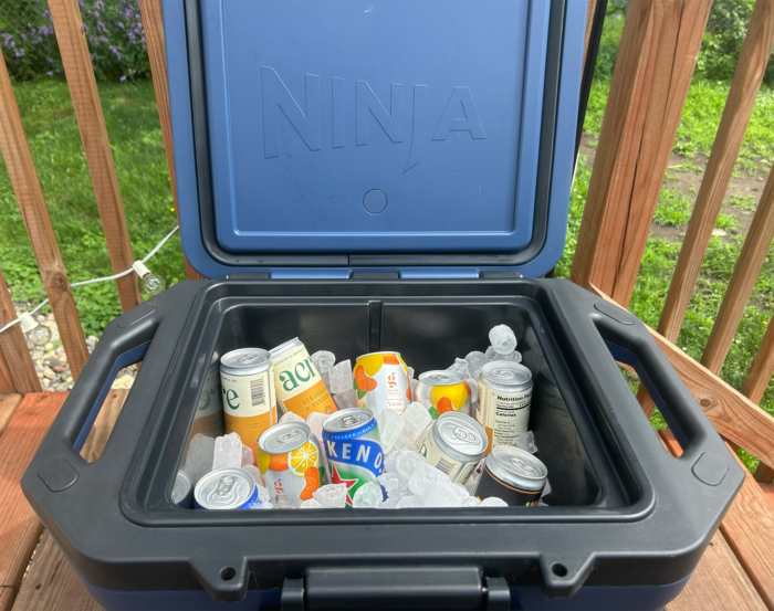 ninja frostvault cooler packed with ice and drinks