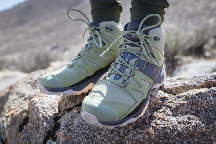 pair of light green salomon x ultra 4 mid gtx hiking boots