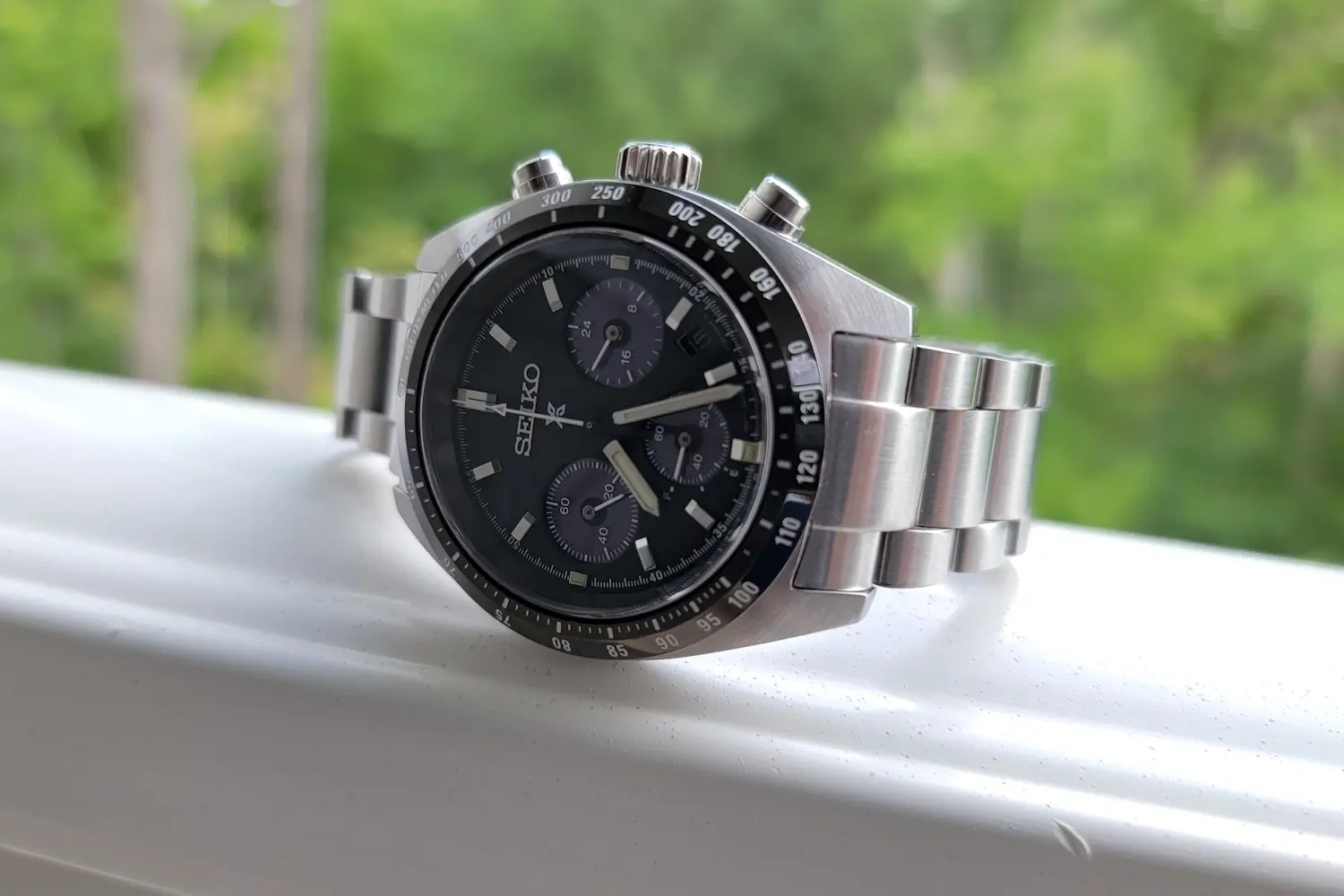 Seiko stainless steel chronograph watch with a black dial