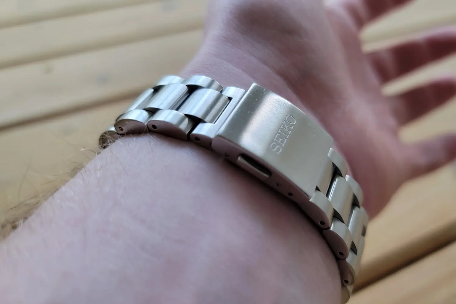 Back view of Seiko watch with stainless steel bracelet and clasp