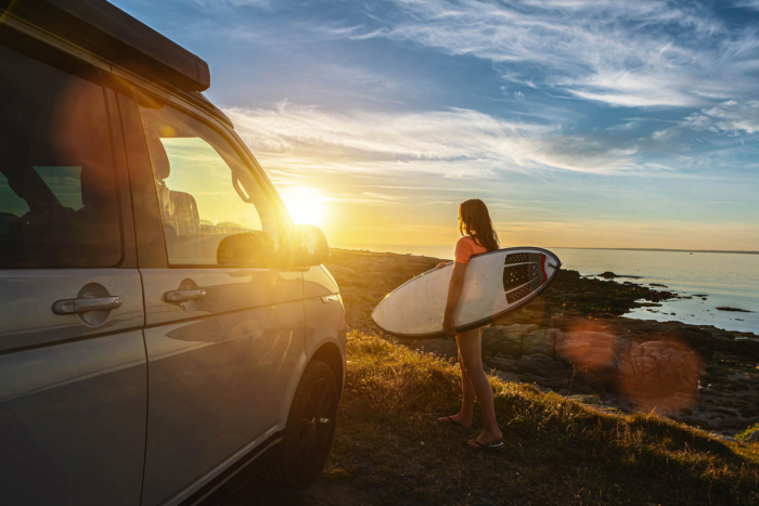 surfer girl mini van beach
