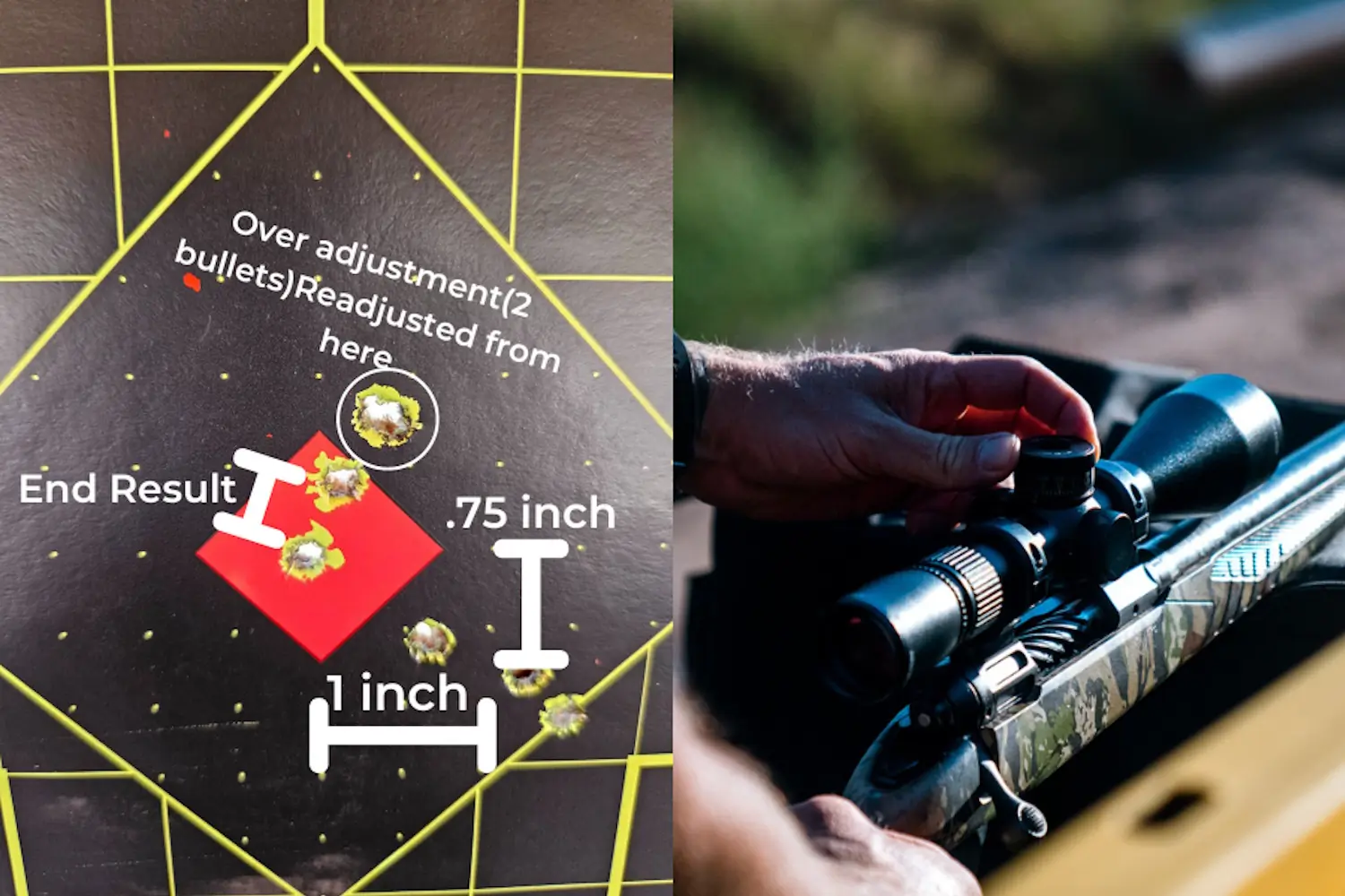 A target with bullet groupings labeled with measurements and annotations on the left, and a person adjusting the scope of a rifle on the right.