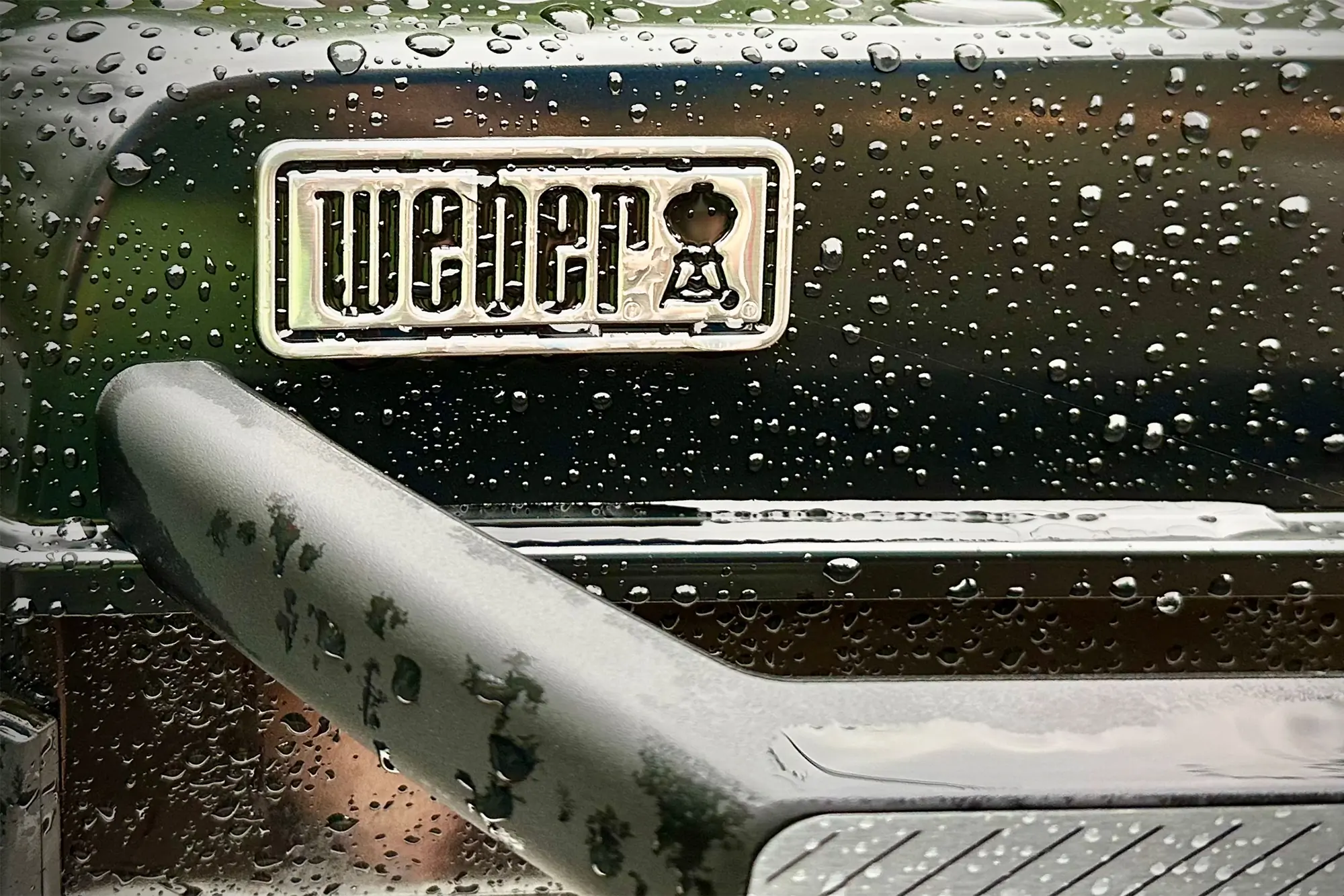 close up of the weber traveler 22 with water drops on it