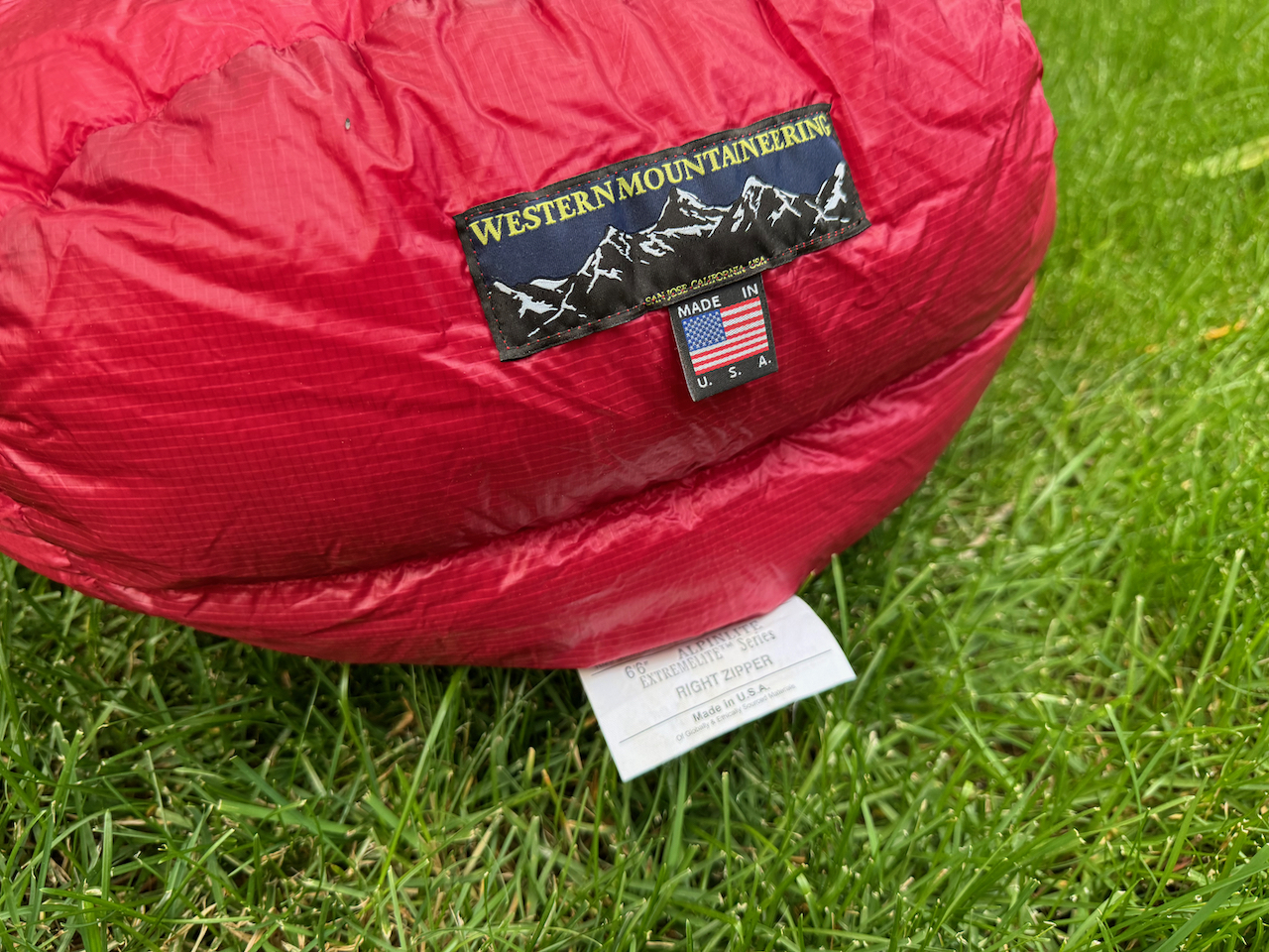 close up of made in usa label on western mountaineering alpinlite sleeping bag