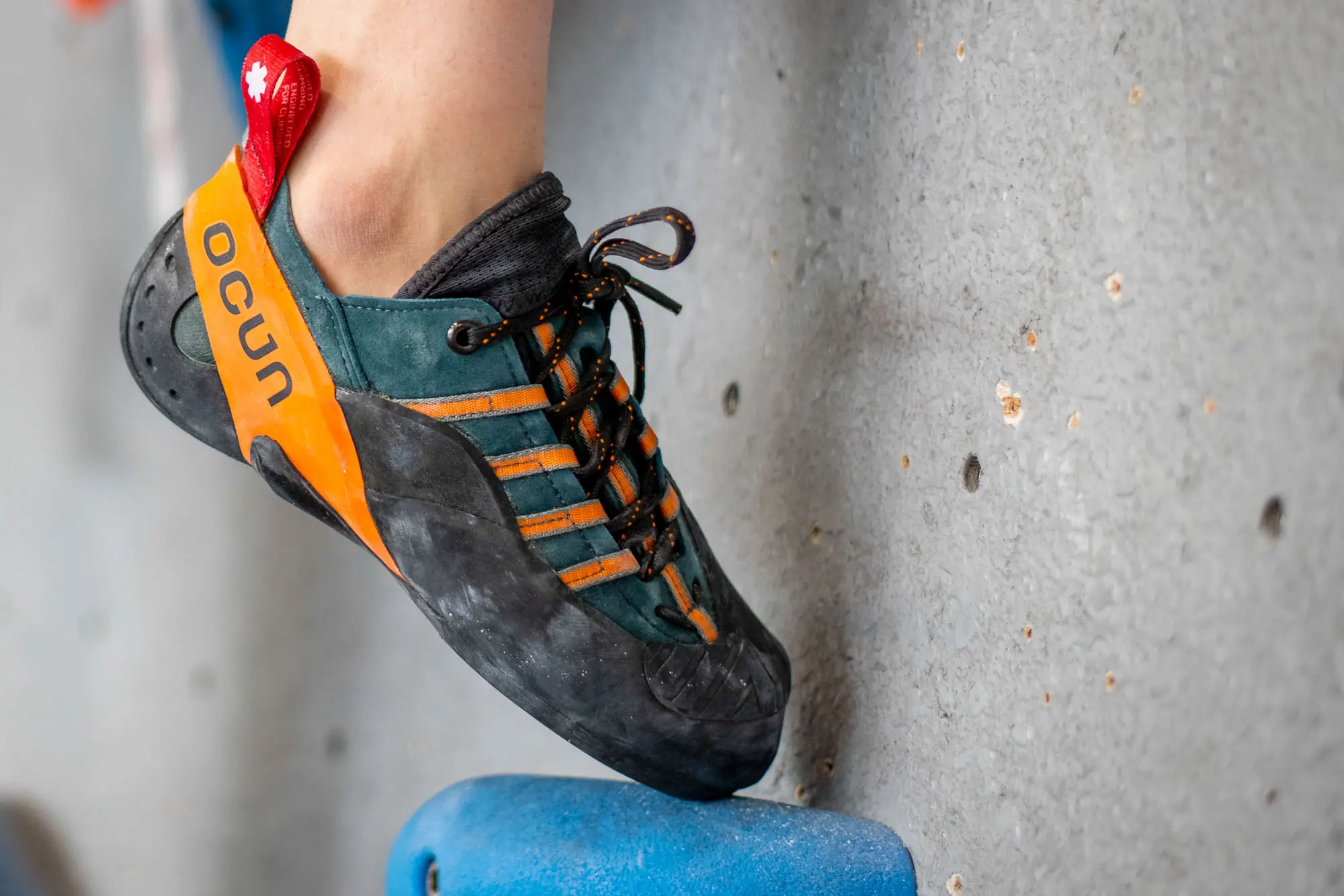 Ocún Sigma climbing shoe on a climbing gym hold