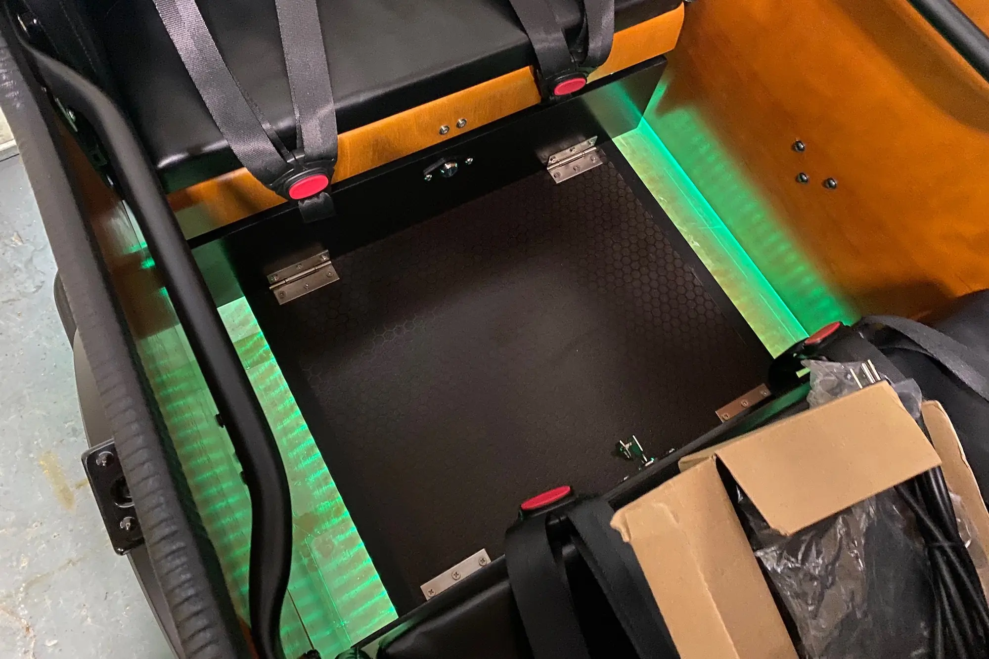 The Clear floor and LED lights on the Ferla Royce 2 electric cargo bike