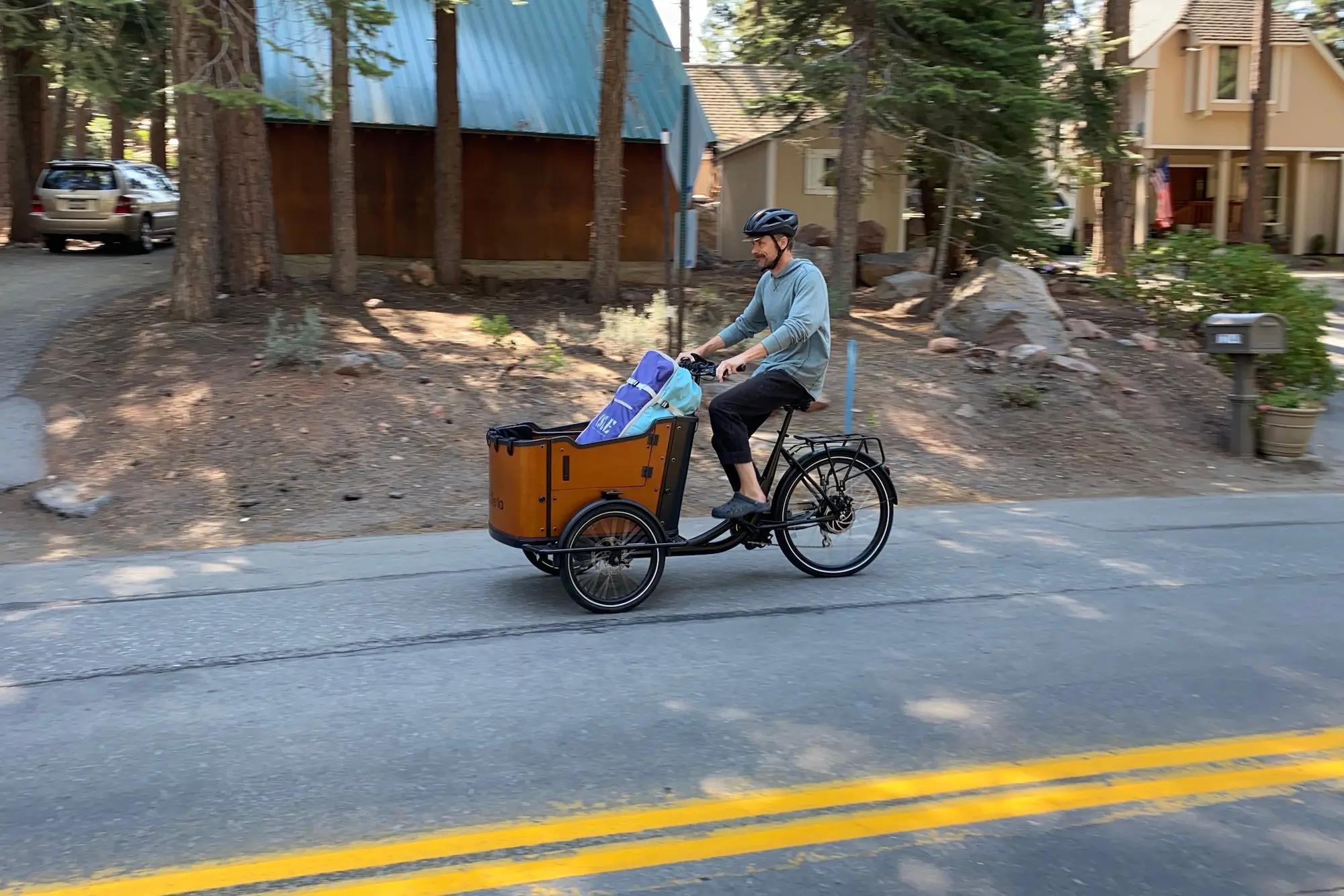 The author riding the Ferla Royce 2 electric cargo bike