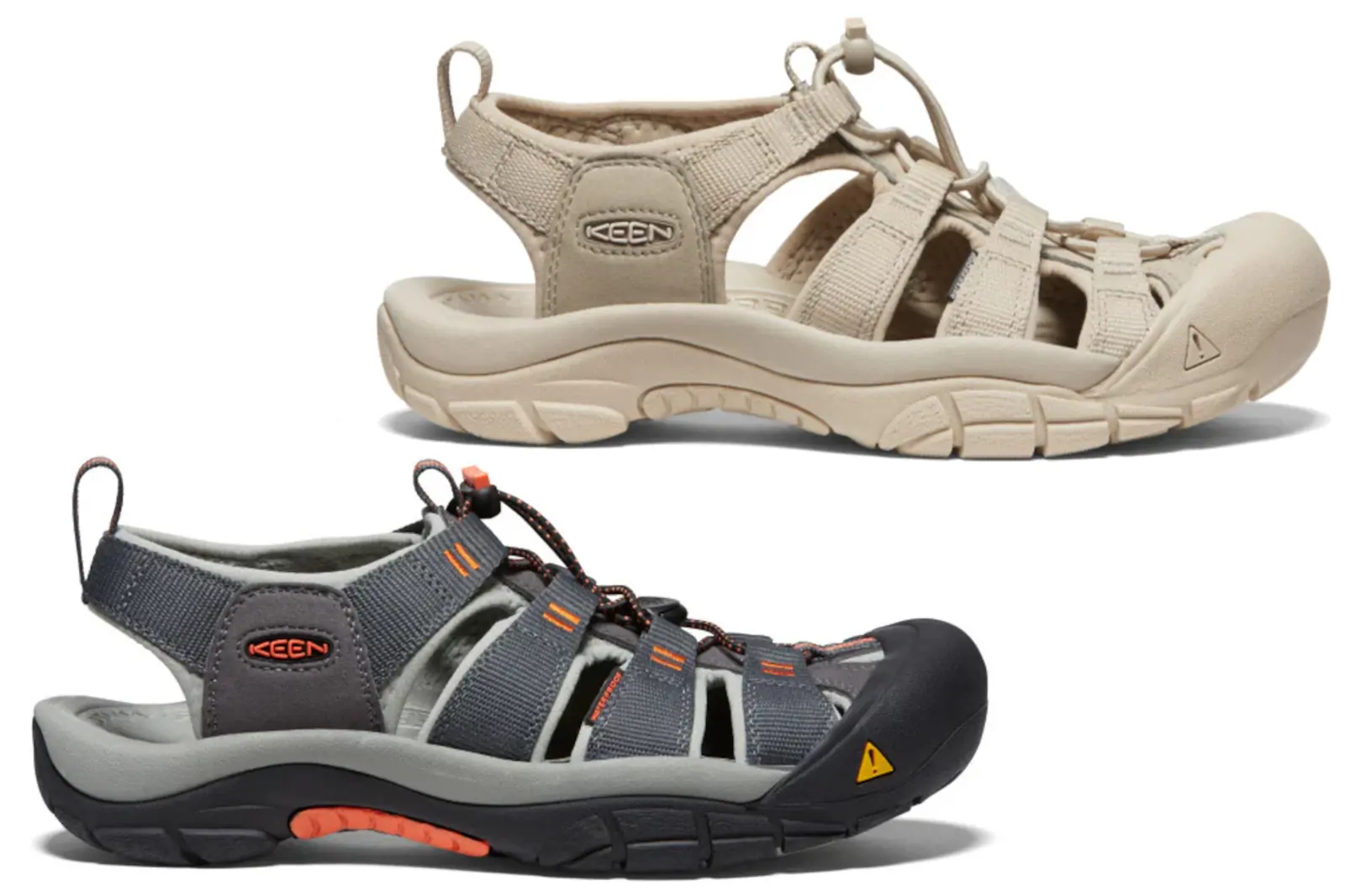 KEEN Newport H2 water shoes on hiking trail with mountain stream background