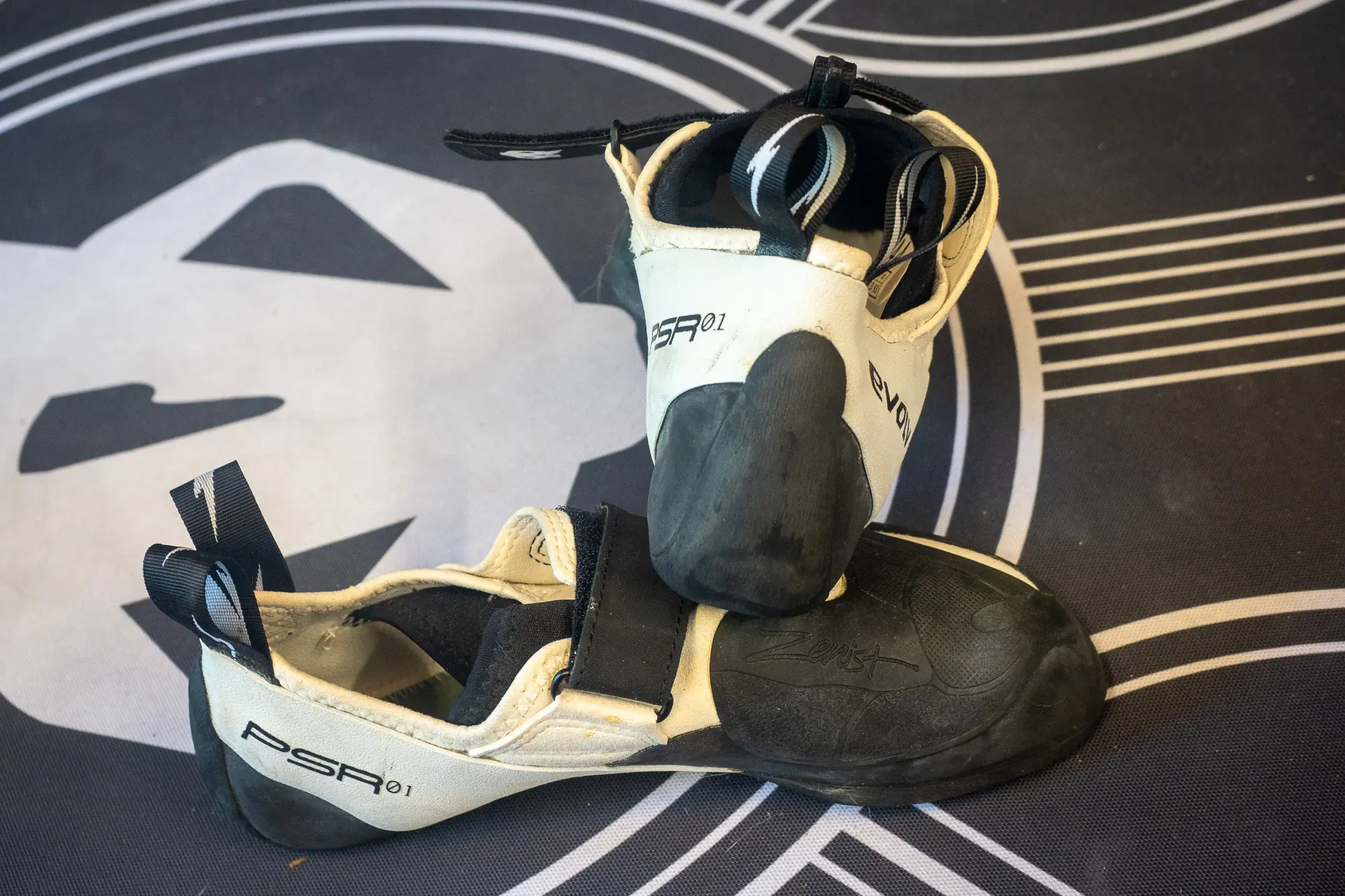 Evolv Zenist climbing shoes on crash pad