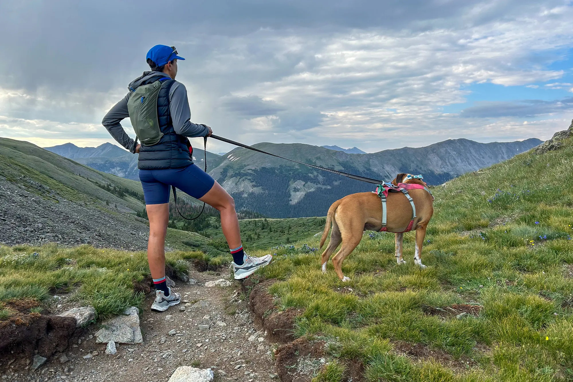 woman in adidas terrex free hiker 2 low hiking shoes holding dog on leash