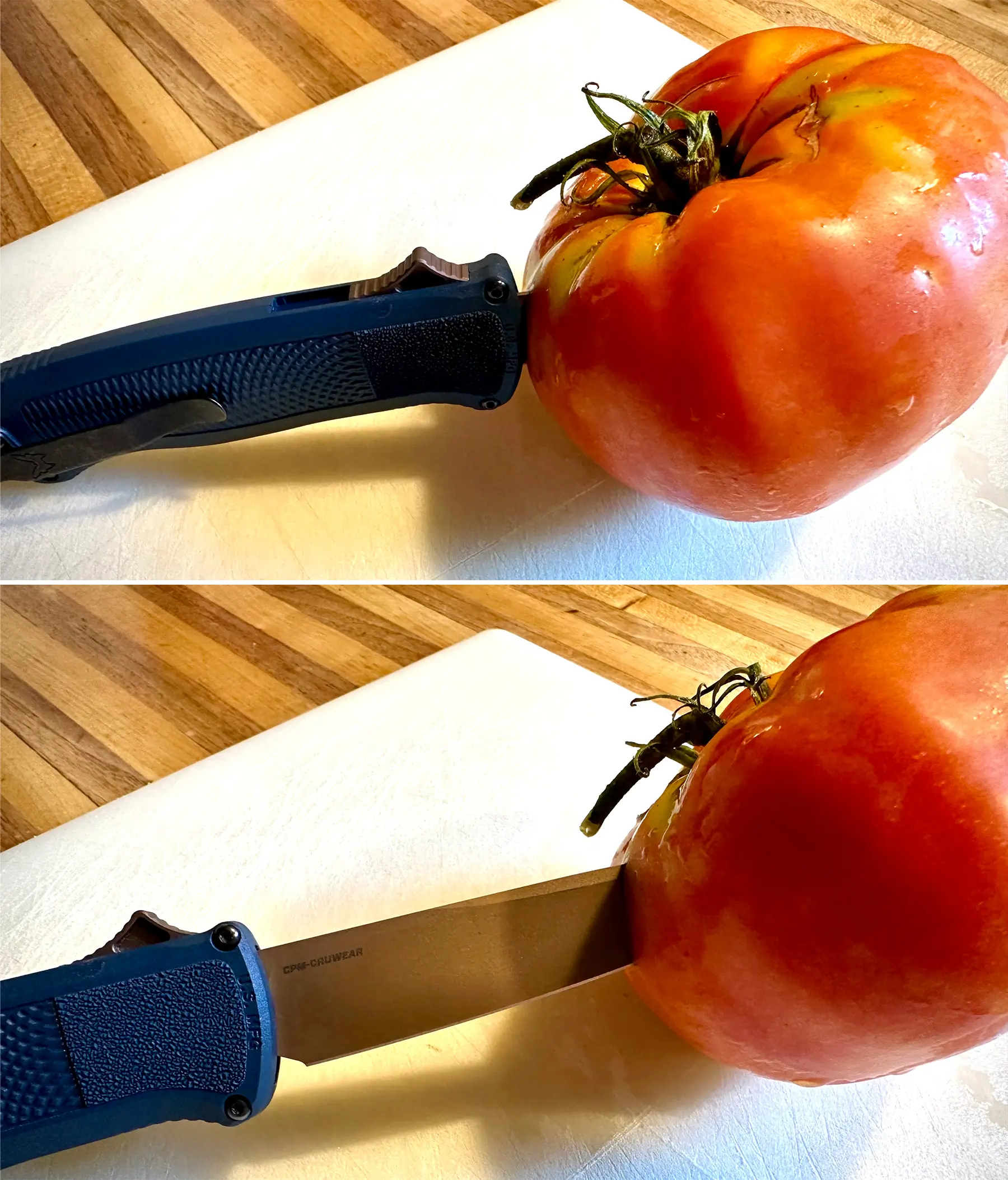 benchmade shootout automatic knife stab test on tomato
