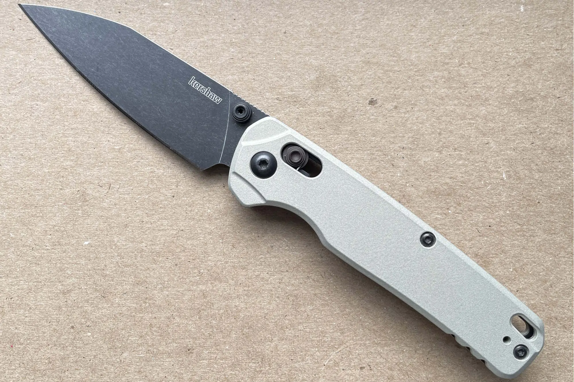 Kershaw Bel Air knife with a blackwash blade and light green cerakoted aluminum handle