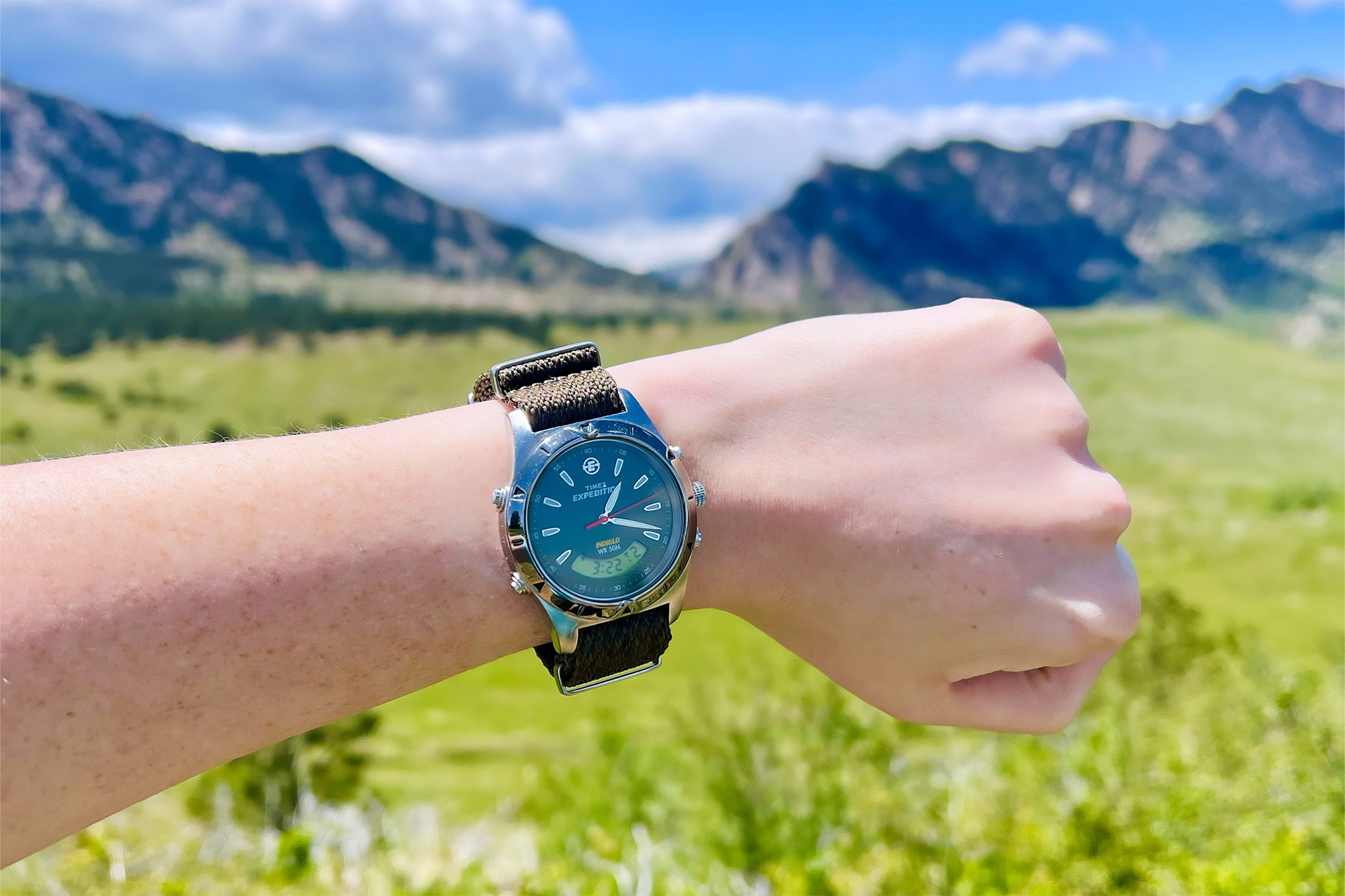 focus on nato watch strap on hand with grass and mountains in the background
