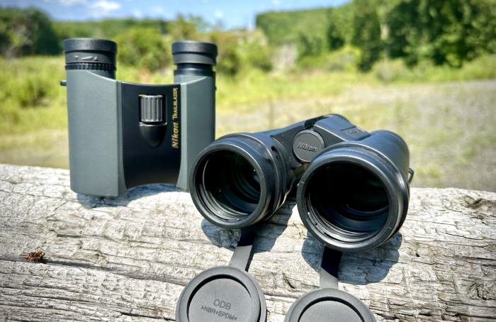 The Nikon Monarch M5 8X42, our best binocular for birdwatching, next to the Nikon Trailblazer