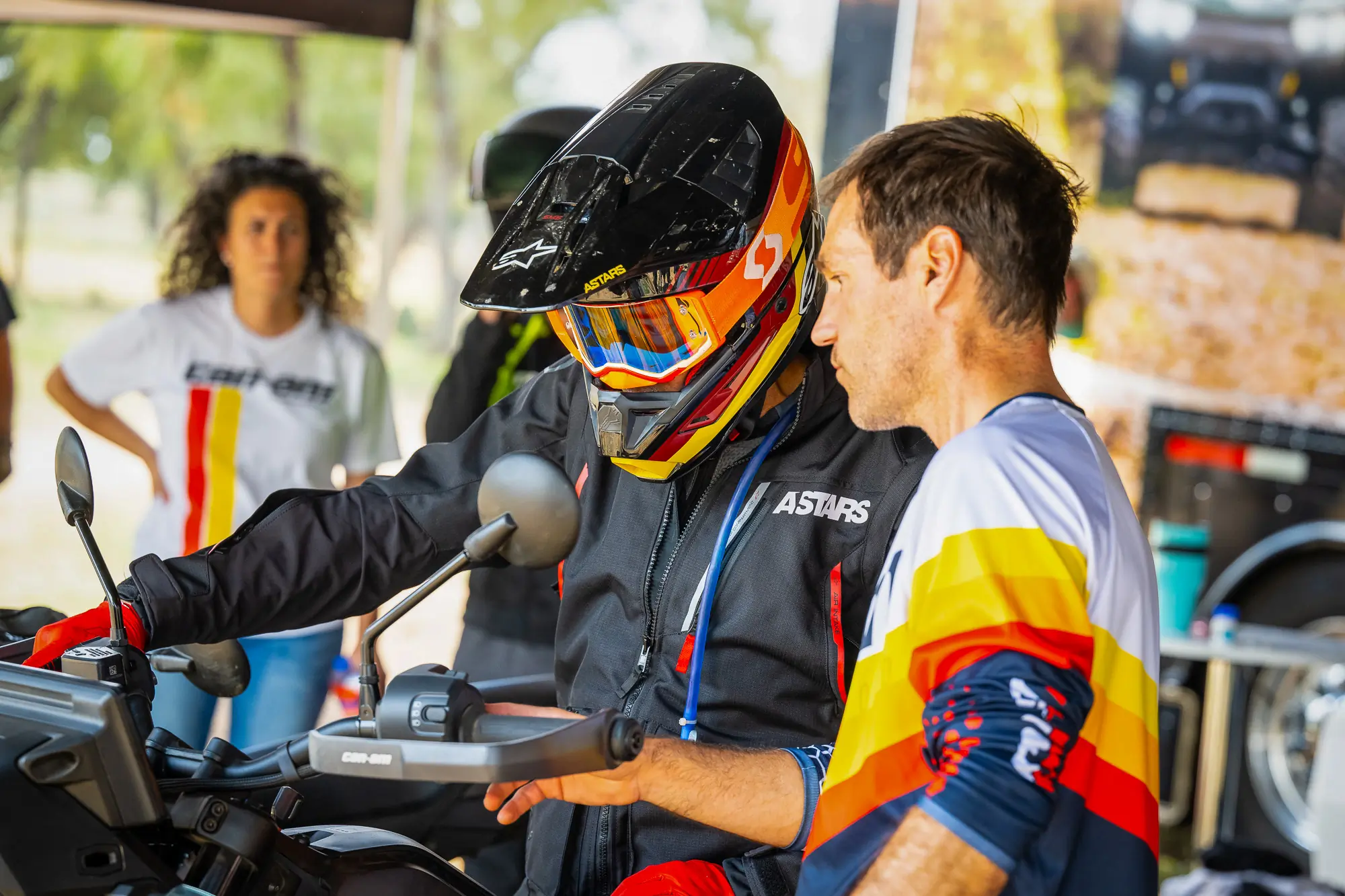 Seiji Ishii being instructed on electronic rider aids on the Can-Am Origin