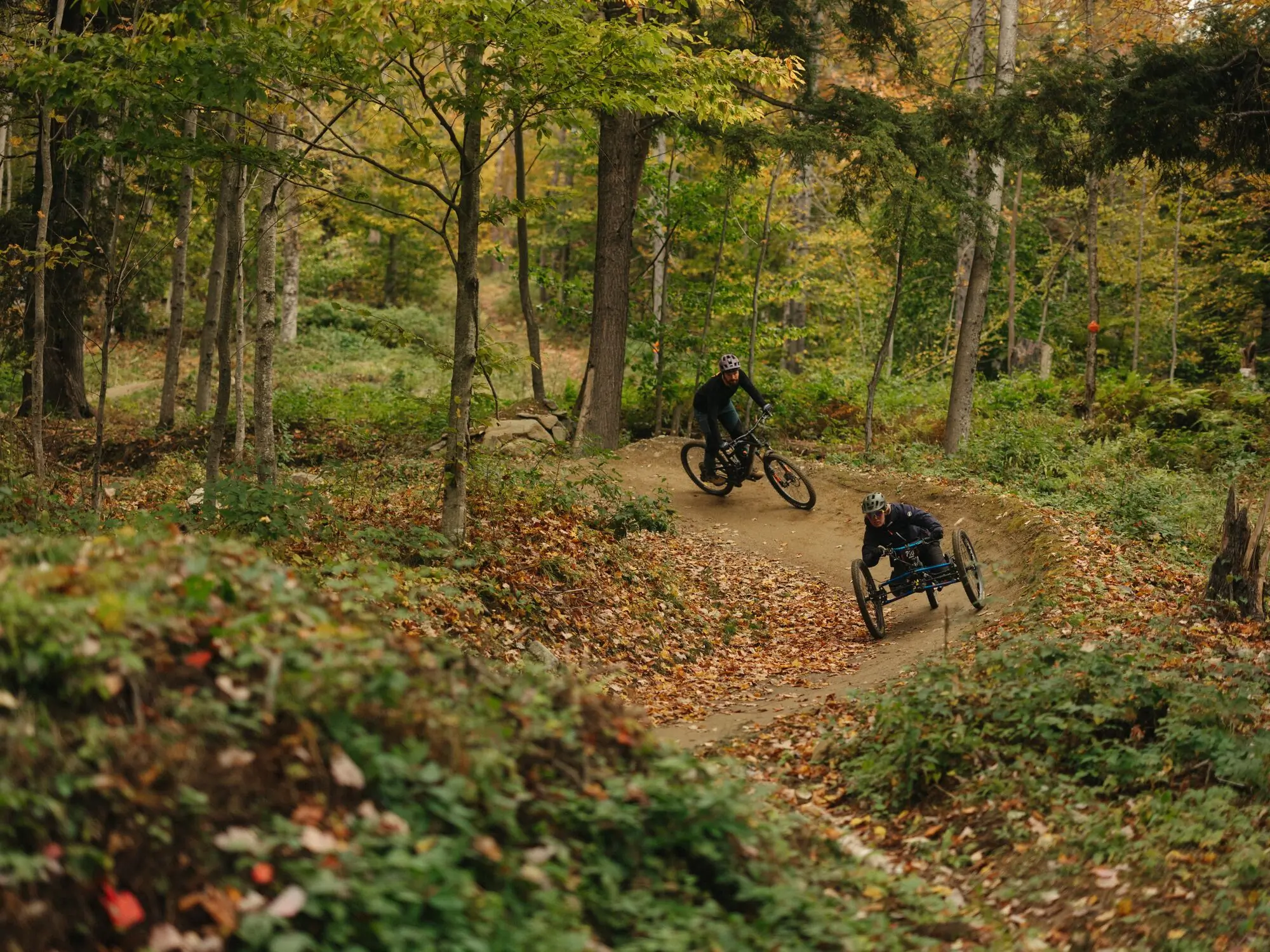 Mountain bikers riding on an adaptive mountain bike trail in Vermont.