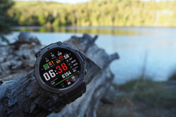 amazfit t-rex 3 smartwatch on log