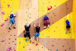 crowded climbing gym top rope