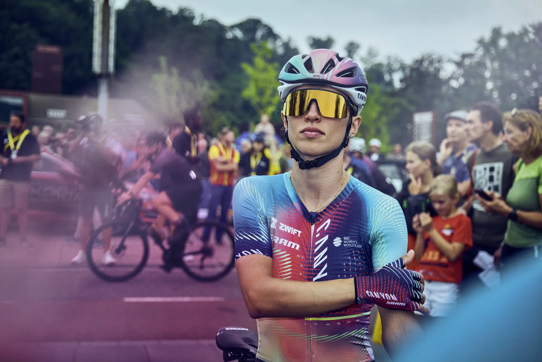 Kasia Niewiadoma prepares for the start of a road race.