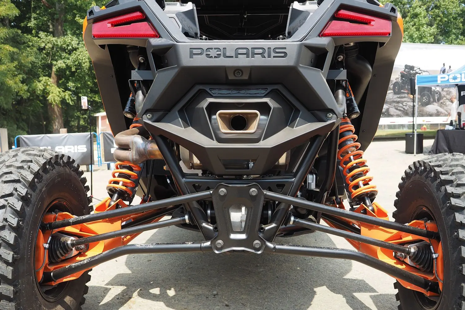 Rear view of a Polaris Pro R off-road vehicle, showcasing its suspension system