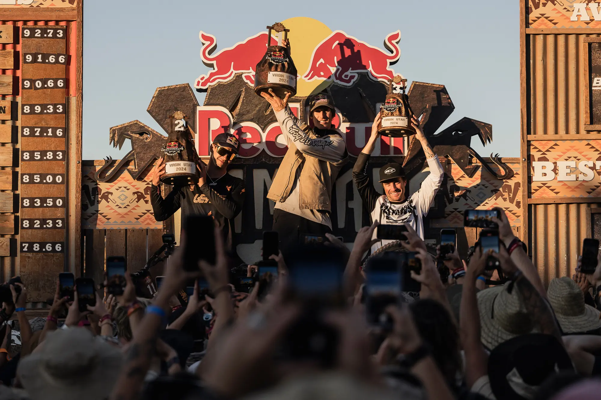 Szymon Godziek, Brandon Semenuk and Tyler McCaul celebrate at Red Bull Rampage in Virgin, Utah, USA on 12 October, 2024.