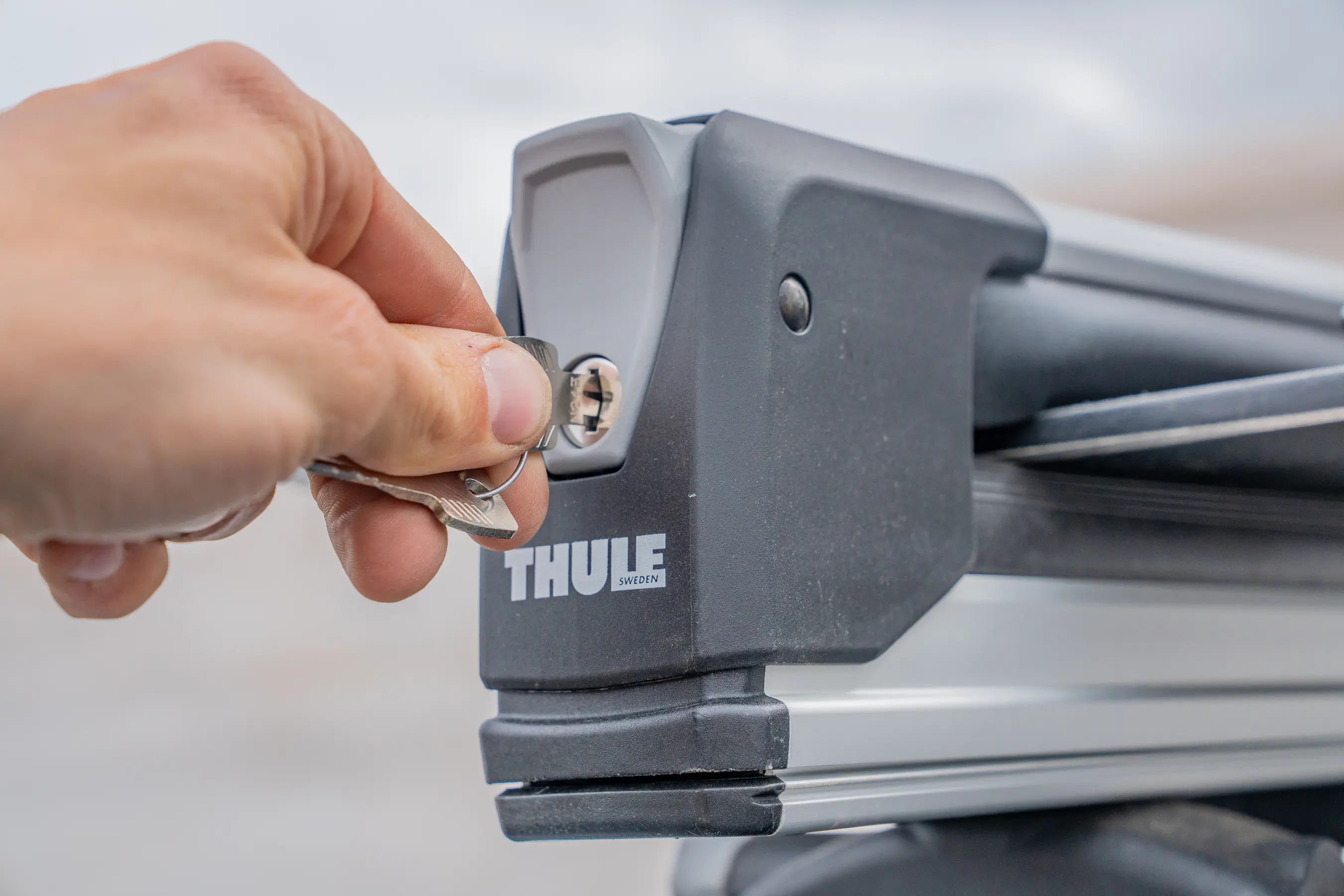 The key system of the Thule SnowPack Extender Ski/Snowboard Rack is easy to operate; (photo/Eric Phillips)
