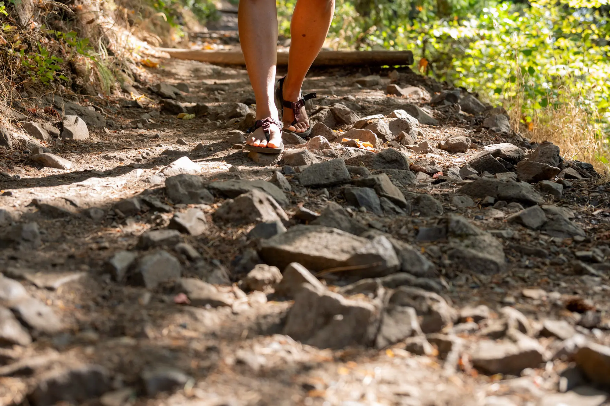a hiker wearing the bedrock cairn evos descends a rocky trail in the pacific northwest
