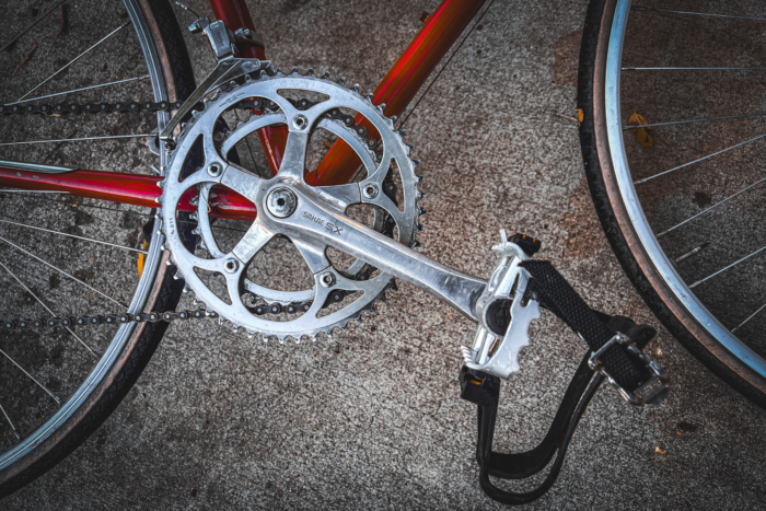 Vintage bike crank, frame, and wheels