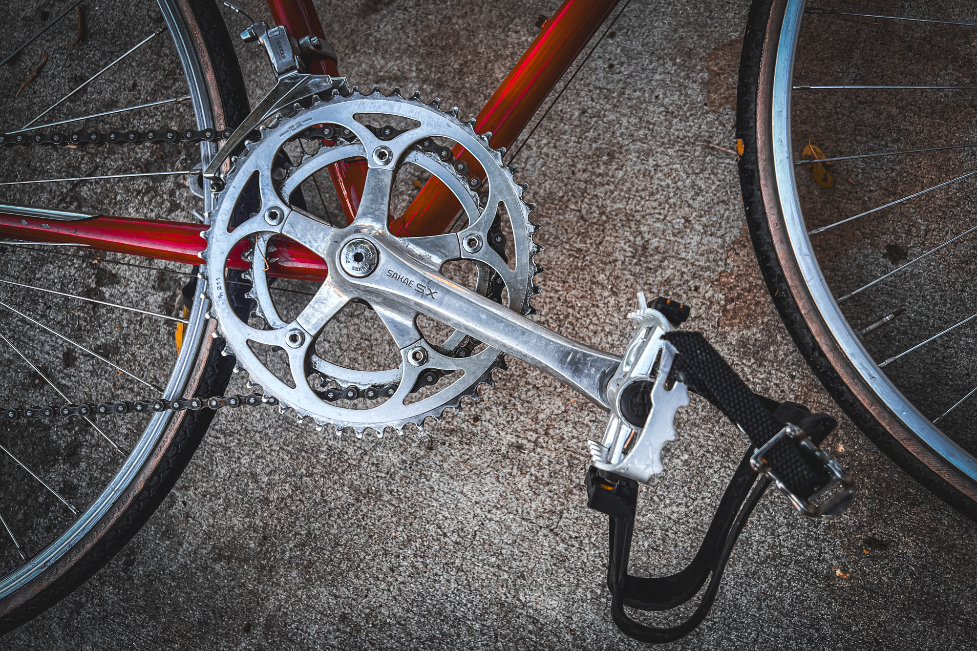 Vintage bike crank, frame, and wheels