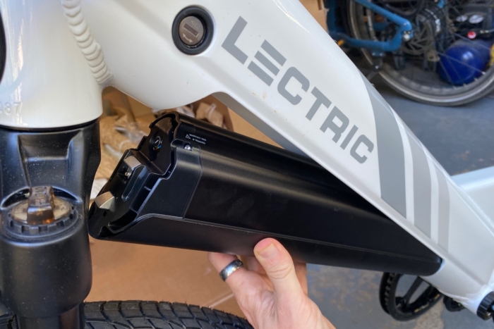 Removing the battery from the Lectric XPress 750 electric commuter bike