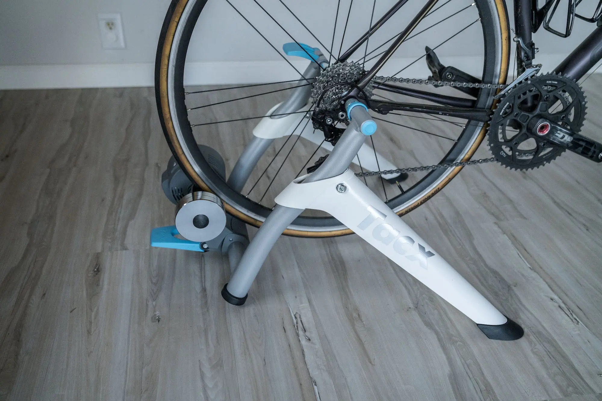 The TacX Flow bike trainer set up with a bike attched