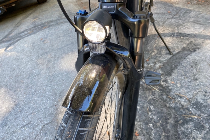 The front light and fender on the Trek Allant+ 7S Gen 2 electric commuter bike