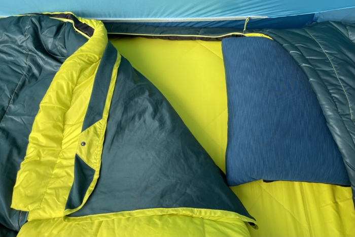 camp bed setup with nemo jazz double sleeping bag