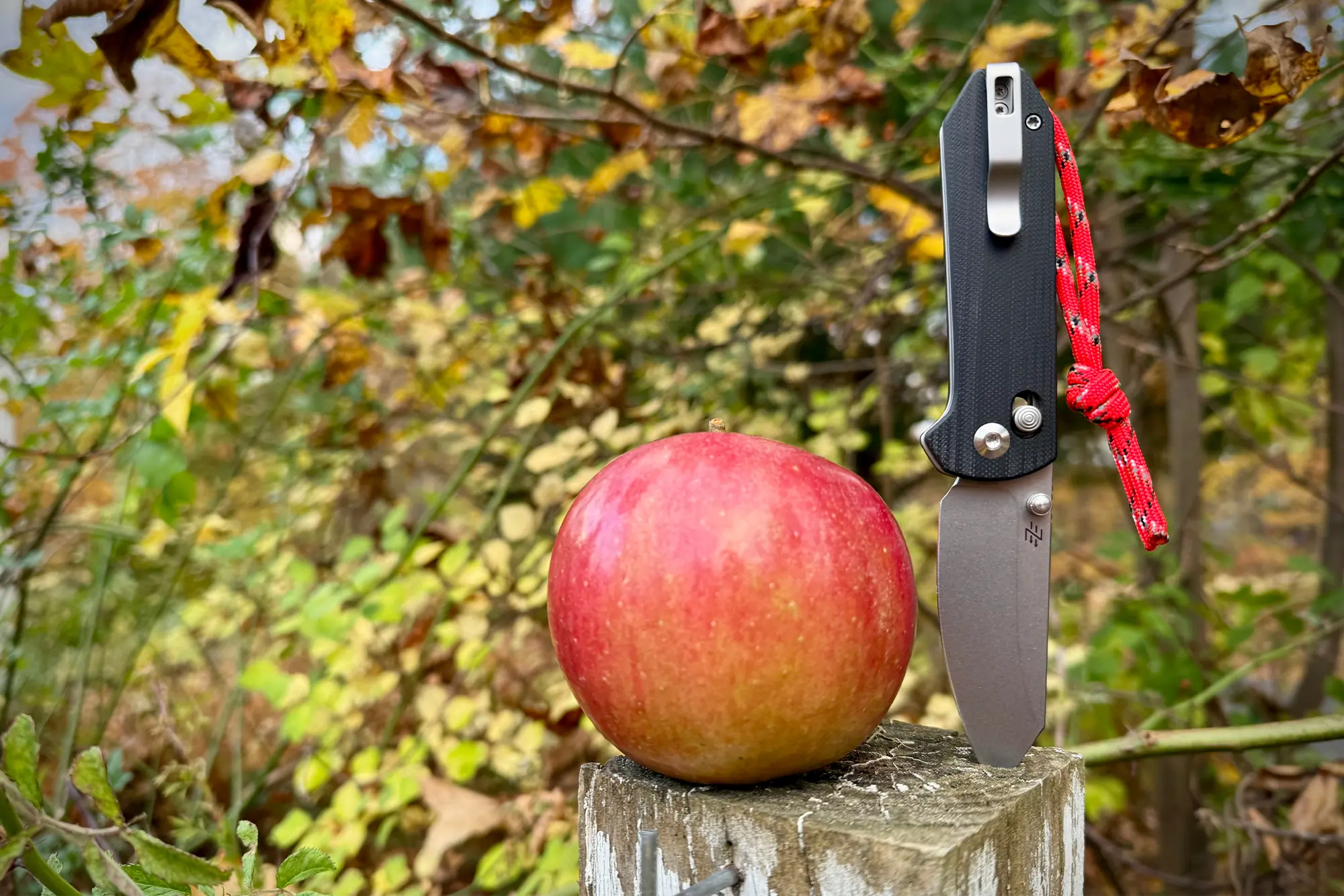 civivi yonder knife next to red apple