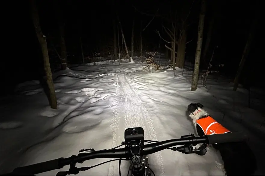 Riding on snow on a fat bike while testing mountain bike lights
